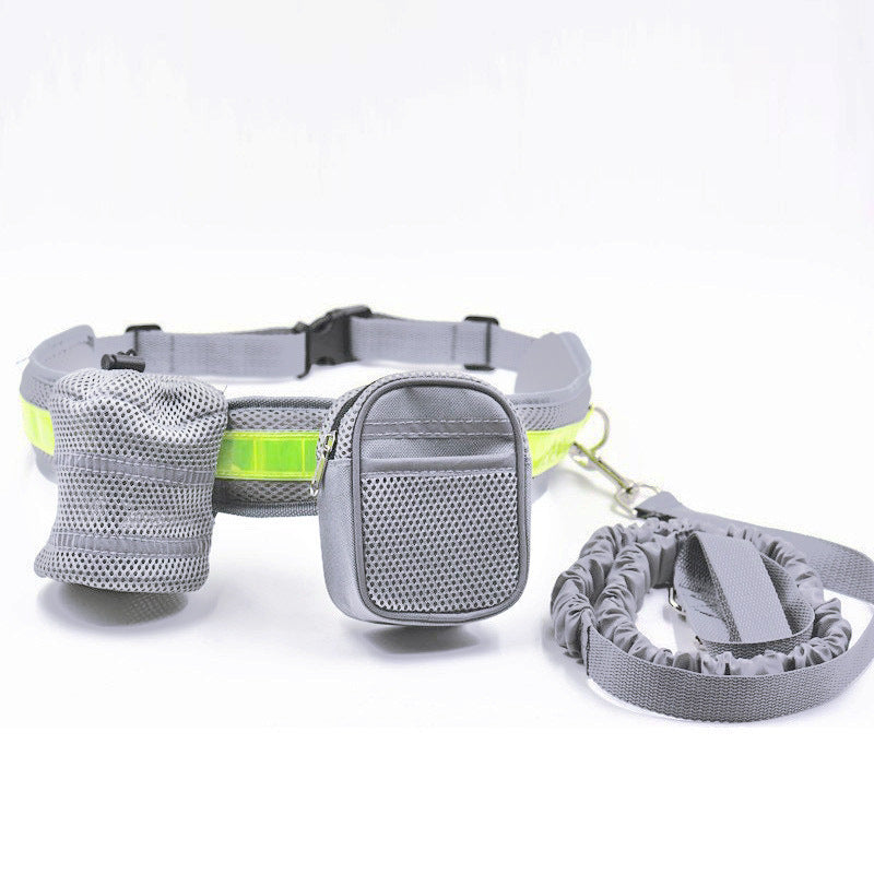 NNEDSZ Grey Reflective Pet Waist Bag with Hands-Free Leash for Night Safety - Adjustable Waist Pack with Detachable Pouches